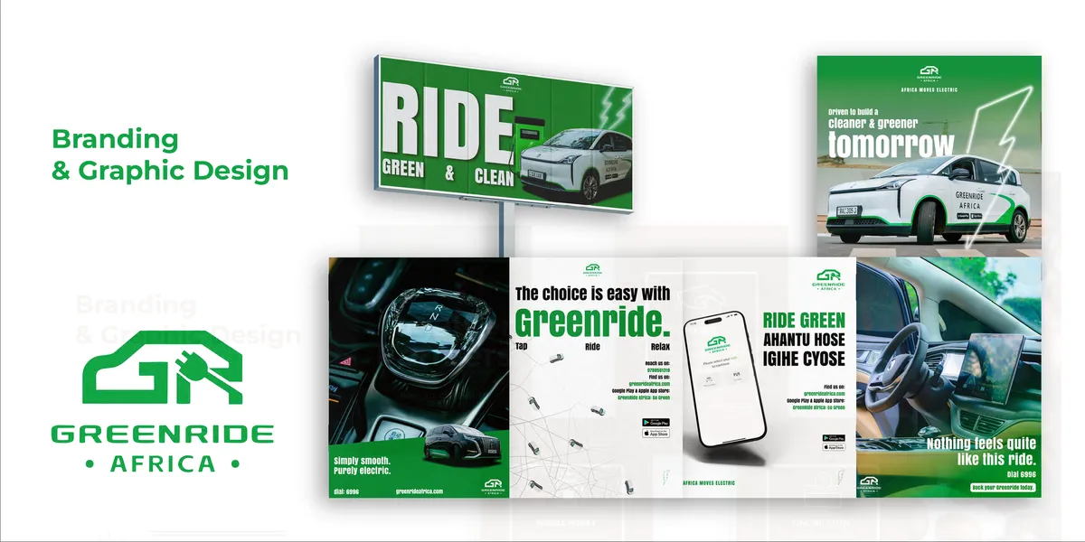 GreenRide Africa electric mobility brand identity — logo, billboard, and app design by YNK Studios